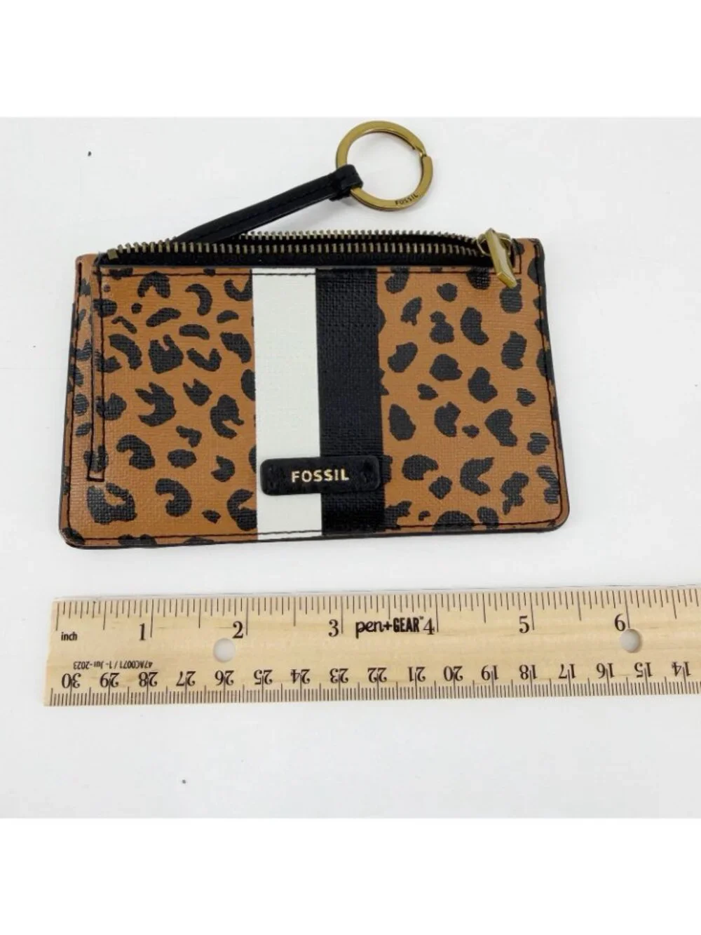 Fossil Leather Leopard Animal Print Zip Card Case Wallet Keychain